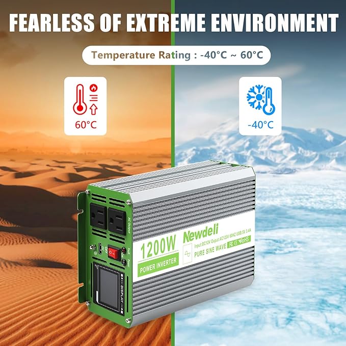 Newdeli 1200W Pure Sine Wave Inverter 12V to 110V 120V AC Converter Car Power Inverter for Vehicles RV Truck Solar Outdoor with 2 AC Socket 5V 3.4A USB LCD Display and Remote Controller