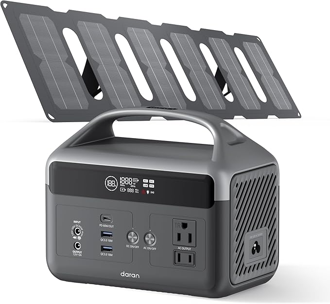 Portable Power Station with Foldable Solar Panels 40w DaranEner 300w Lifepo4 Battery 60W USB-C Pd 192Wh Fast Recharge Home Backup Power Bank Lightweight Solar Generator for Camping Outdoor Travel