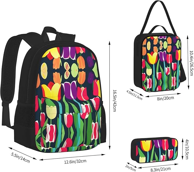 Colorful Tulips Backpack With Lunch Box 3 In 1 Set With Pencil Case Large Capacity Backpack With Chest Strap