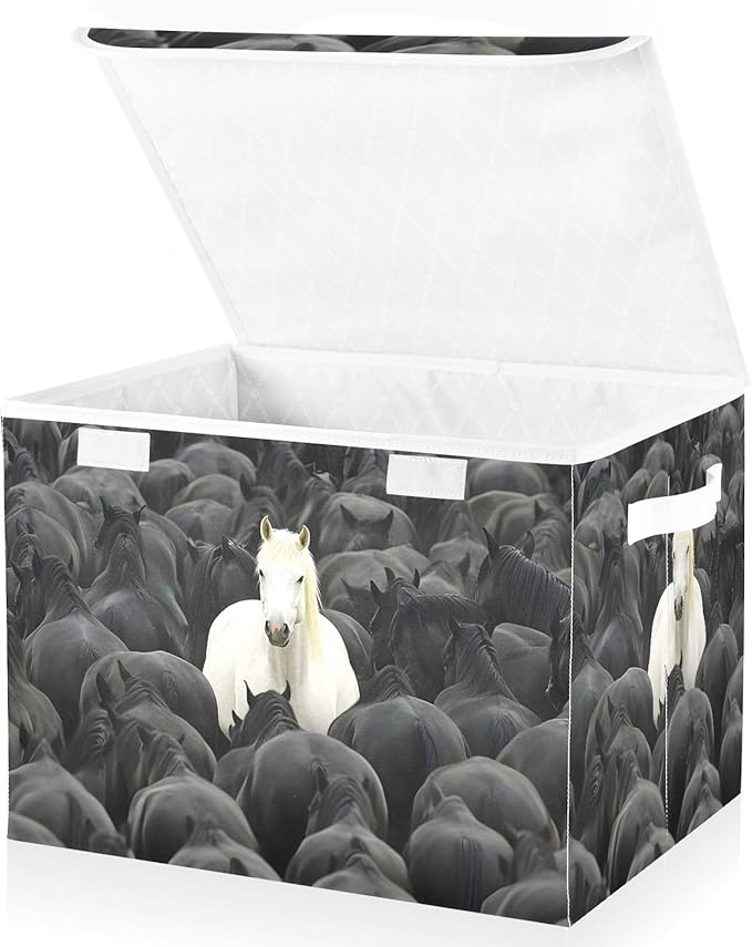 White Horse in Black Storage Cube Bins Basket with Lid Collapsible Flip-top Fabric with Handle for Home Bedroom Closet Office 16.5×12.6×11.8 in