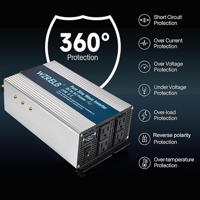 WZRELB 2000W Pure Sine Wave Inverter 48V DC to 110V 120V AC Car Power Inverter with 4 AC Outlets LED DisplayOff-Grid Portable Power Converter for Home RV Truck Camping