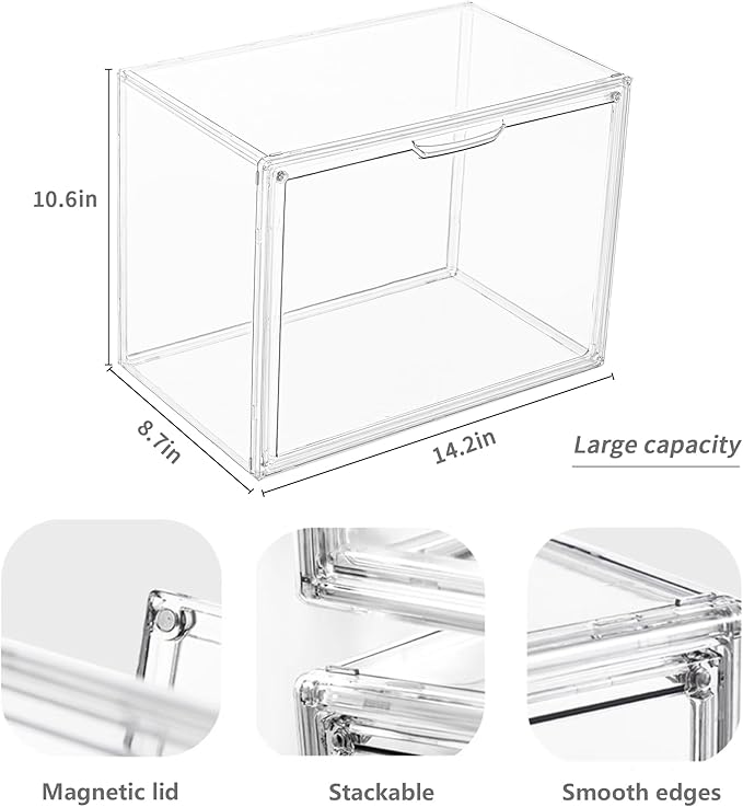 Clear Acrylic Display Case Stackable Plastic Storage Bins with Magnetic Attraction Lid Showcase for Cosmetic Large Figures Collectibles X-Large