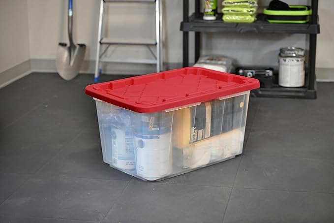 CX BLACK &amp YELLOW XTRA TALL 27-Gallon Heavy Duty Clear Storage Container &amp Snap-Tight Lid Clear &amp Red (28.5L x 19.4W x 15.2H) Weather-Resistant Stackable See-Through Organization Tote