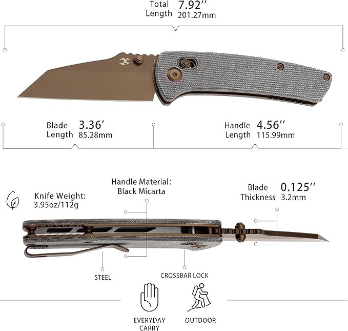 KANSEPT Main Street Pocket Folding Knife 3.36''Rose Gold Coated 154CM Sharp Blade Black Micarta Handle and Thumb Stud Clip for Camping Hiking Fishing Gift Everyday Carry T1015v11