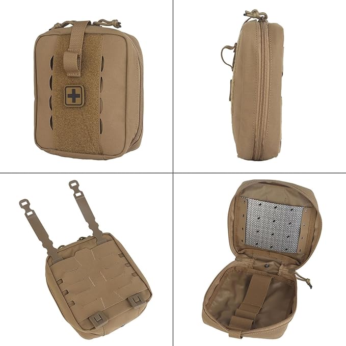 Tactical Camo IFAK Pouch MOLLE Medical Organizer with Elastic Storage Board Front Tool Slots and Rear Shear Pocket Attaches to Vest Belt or Backpack
