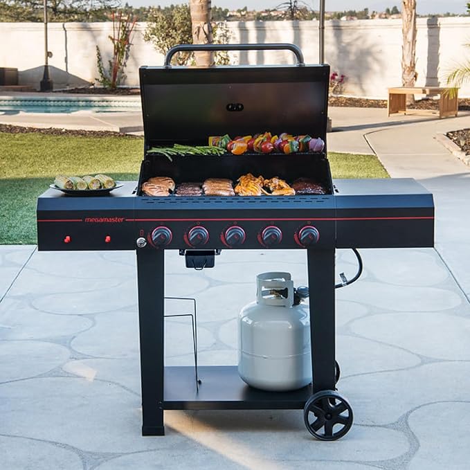 Megamaster 5-Burner Propane Gas Grill with Side Tables Accessory Hooks 50000 BTUs 656 SQ. In. Cooking Space 2 Wheel Transport Outdoor Kitchen Grill for BBQs Backyards and More - 720-0982