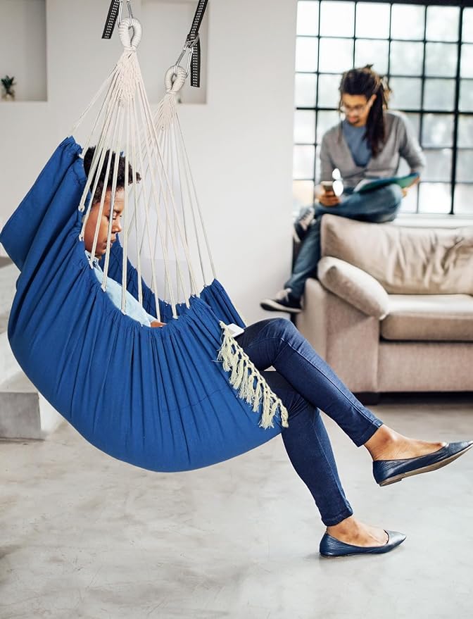 Chihee Hammock Chair Hanging Swing 2 Pillows IncludedStrong Webbing Straps and Hooks for Easy Hanging Soft Cotton Hanging Chair Side Pocket Tassel Chair Comfort Indoor Outdoor Royal Blue