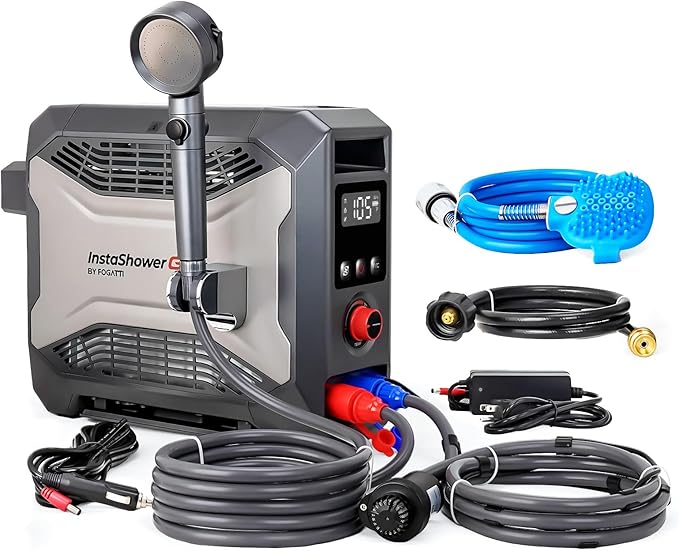 FOGATTI InstaShower GO Pro Portable Propane Hot Shower System 22000 BTU Instant Water Heater with 5000mAh Built-in Battery 12V Pump All-in-One Outdoor Shower for Camping Pets &amp Off-Grid Use
