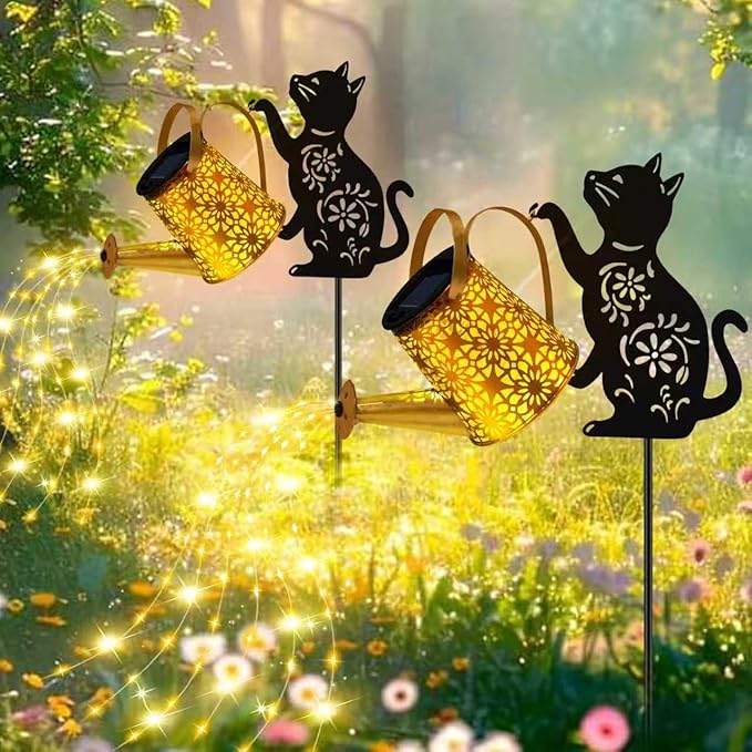 Solar Lights Outdoor Decorative Watering Can with Cascading Lights with Cat Silhouette Garden Stakes Waterproof Metal Garden Decor for Yard Art Outside Patio Lawn 2PACK