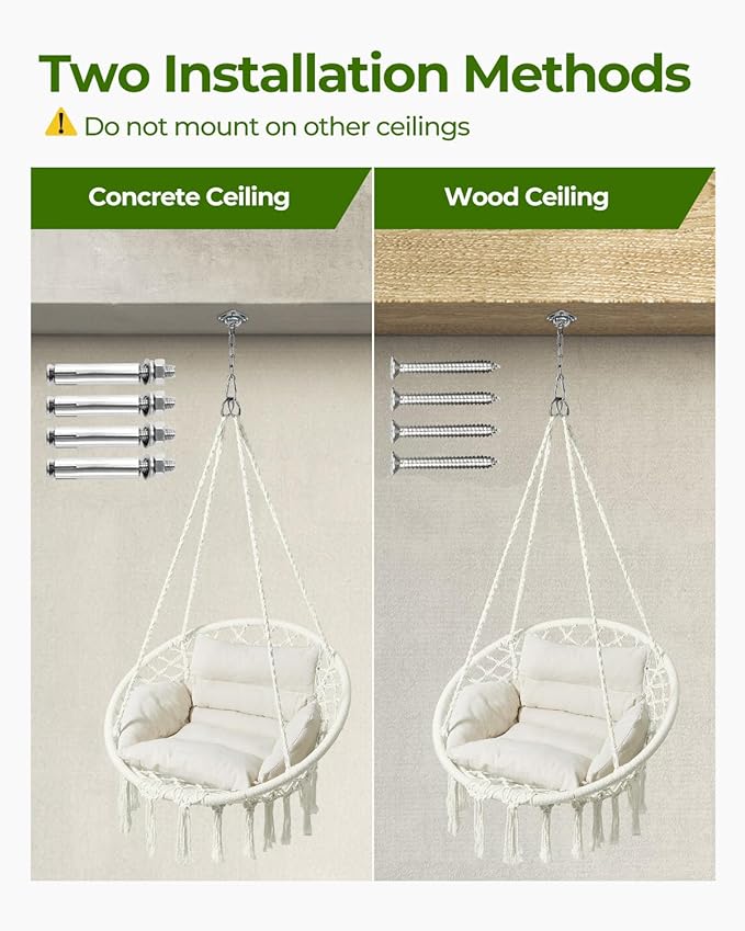 Greenstell Hammock Chair Macrame Swing Chair with Comfy Cushion Boho Hanging Chair for Outdoor &amp Indoor Perfect for Bedroom Patio Balcony Hold up to 350Lbs White