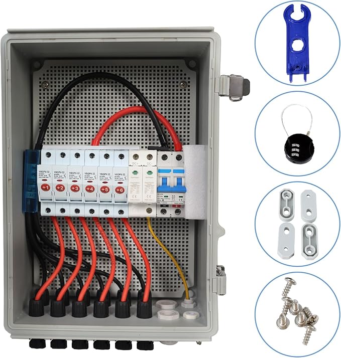 Solar 6 String PV Combiner Box with Lightning Arreste 15A Rated Current Fuse and 2P 63A Circuit Breakers for On/Off Grid Solar Panel System (6 String PV Combiner Box)