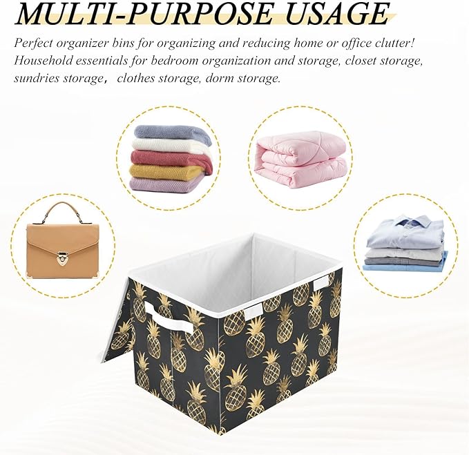 Storage Cube with Lid Golden Pineapple Print 16.5×12.6×11.8 IN 1 Pack Collapsible Large Capacity Foldable Storage Basket Bin Organizer
