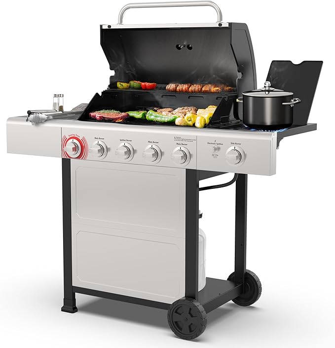 Kenmore BBQ Propane Gas Grill - 5 Burners with Side Burner &amp Searing Zone 644 Sq. In. Stainless Steel Grill 66000 BTU Ideal for Outdoor Cooking Patio &amp Backyard Silver