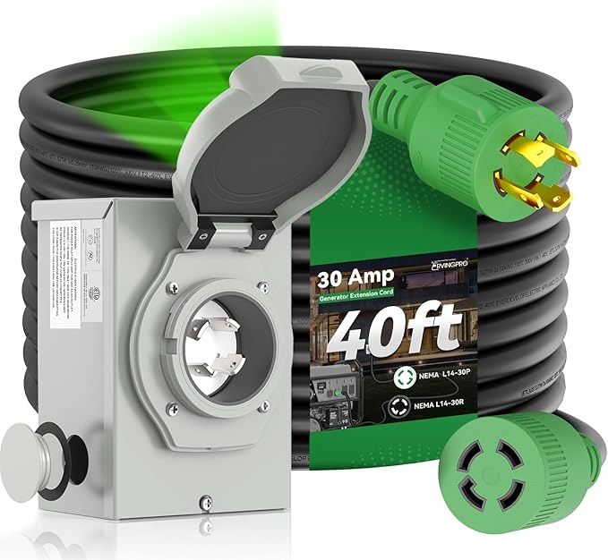 30 Amp Generator Cord 40FT and Power Inlet Box Pre-Drilled 30 Amp Generator Inlet Box with Cord NEMA L14-30P to L14-30R Generator Cord Waterproof Combo Kit ETL Listed