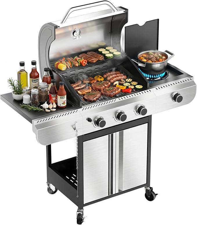 R.W.FLAME 3-Burner Gas Grill with Side Burner 34000 BTU Propane BBQ Grill Stainless Steel Outdoor Grill with Porcelain-Enameled Grates for Backyard Patio Camping