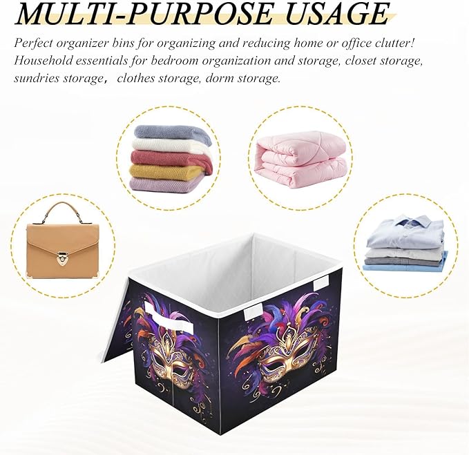 Christmas Storage Baskets with Lids Carnival Masquerade Mask Collapsible Bins Stackable Fabric Linen Baskets Closet Organizer Container 16.5x12.6x11.8