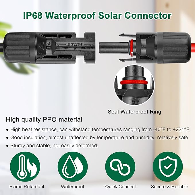 Solar Panel Extension Cable - 10AWG 150FT Solar Wire Cord 10 Gauge PV Wire with Female &amp Male Waterproof Connector for RV Photovoltaic Systems Home Boat Solar Panels Car(150ft Red + 150ft Bla