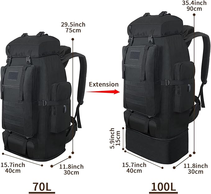 70L/100L Hiking Backpack with USB Charging Port Expandable Large Military Tactical Backpack Waterproof MOLLE Rucksack Travel Backpacking Daypack for Camping Climbing (Black)