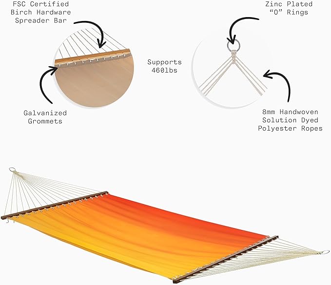 Fab Habitat Ombre Recycled Polyester Hammock - Big Sur - Sunset - Indoor/Outdoor Quick Dry 2 Person 460 lbs Capacity - Patio Poolside Backyard Garden Beach Balcony - 12-14 ft Adjustable