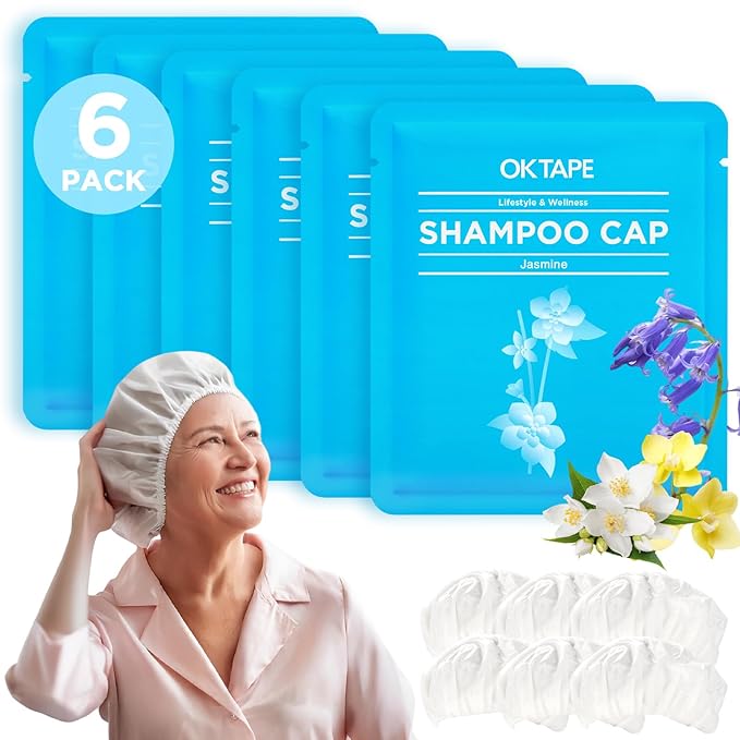 OK TAPE No Water Shampoo Caps (6 Pack) 3 Scents Rinse Free Shower Cap for Elderly After Surgery Camping Shampoo and Conditioner Hair Wash Cap (Jasmine Vanilla and Bellflower Scents)