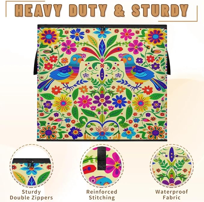 XL Large Clothes Storage with Lid Handle Mexican Large Thick Clothes Blanket Storage Containers for Organizing Bedroom Closet Comforter Organization Storage Mexico Style Floral Bird