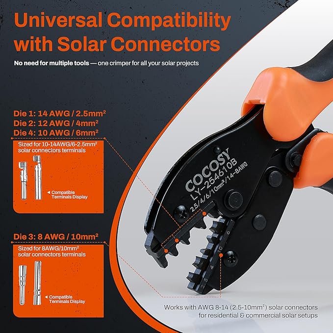 Solar Crimping AWG 8-14 Compatible with Solar Connectors Solar Crimper Ideal for AWG8 AWG10/12/14 (2.5-10mm²) Wires - Precise Solar Ratcheting Crimper for PV Systems