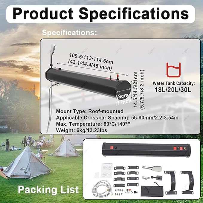 18L/20L/30L Pressurized Water Tank Shower Solar Heating Car Camping Shower Kit for Camping Overland Beach Can fit on Roof Rack or Hitch Mounted30L