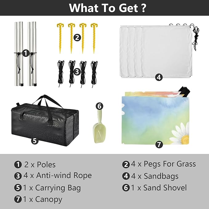 Daisy Beach Canopy Sun Shelter with Sandbags &amp Sand Shovel &amp Windproof Ropes - Portable 110x126 Beach Shade Beach Tent for Camping Picnics