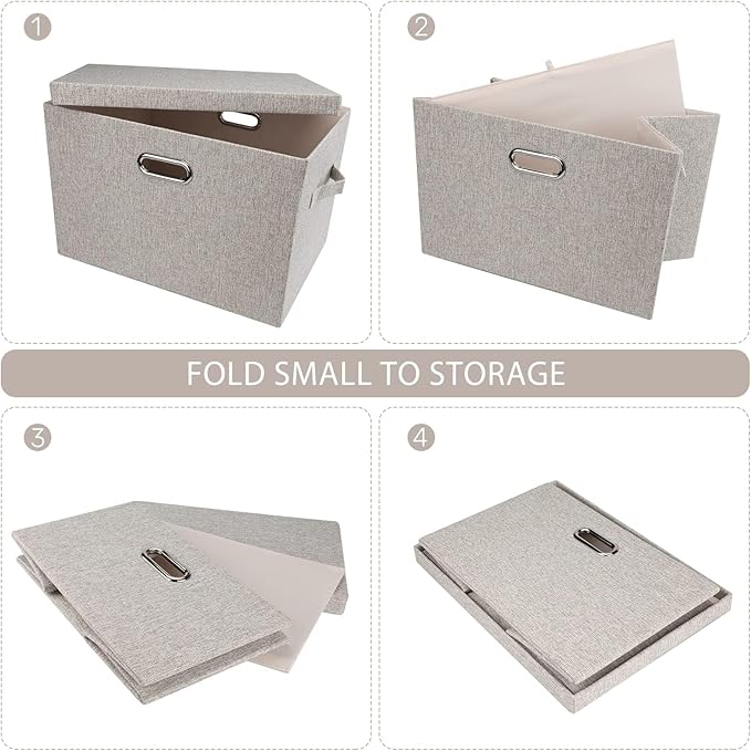 Large Collapsible Stackable Storage Bins with Lids 3 Packs – Beige Linen Fabric Closet Organizer Boxes Foldable Cube Baskets for Bedroom Office Clothes