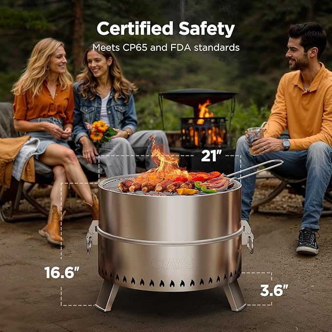 Ciays Smokeless Fire Pit 21 Inch Portable Wood Burning Firepit for Camping &amp Backyard Outdoor Fire Pit with Patented Technology Steel Grill Rack Fire Poker &amp Carry Bag Easy Setup