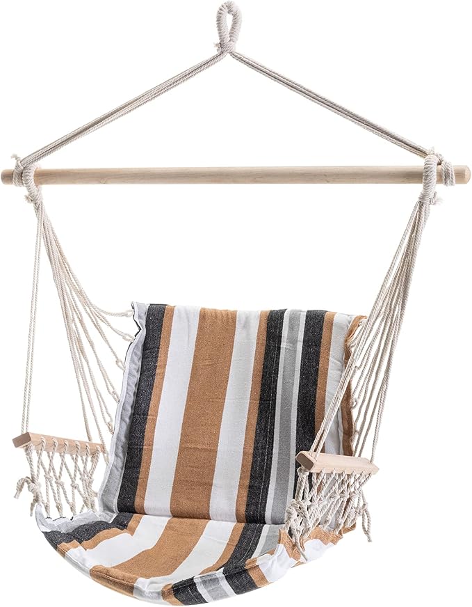 Castaway Living Hammock Chair Hanging Rope Cushioned Swing with Quick Dry Fabric for Indoor &amp Outdoor Use - Gray and Black Stripe