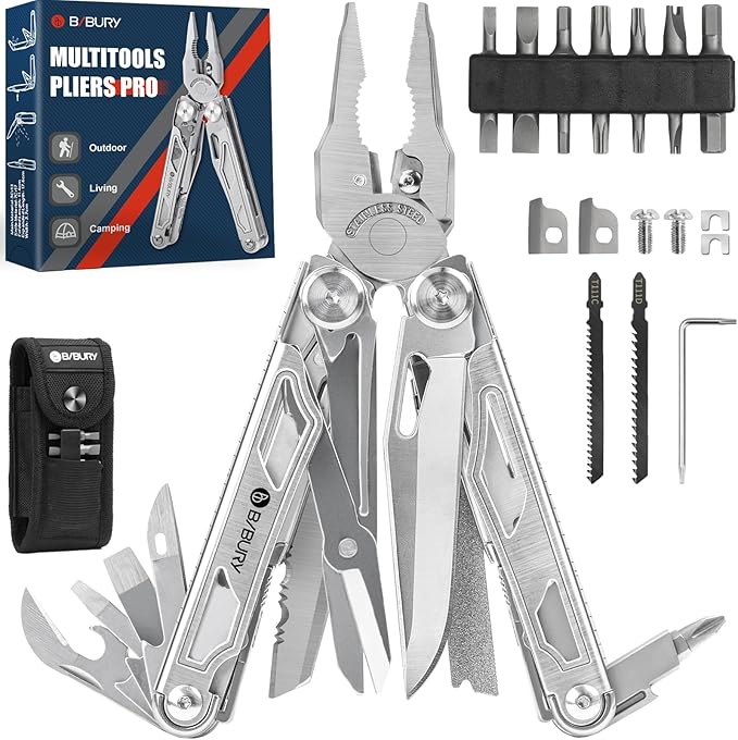 BIBURY Multitool Pliers Pro BI2045 Stainless Steel Multi Tool Pliers with Replaceable Wire Cutters and Saw Foldable Multitools with Scissors and Screwdriver Ideal for CampingSurvival Repair