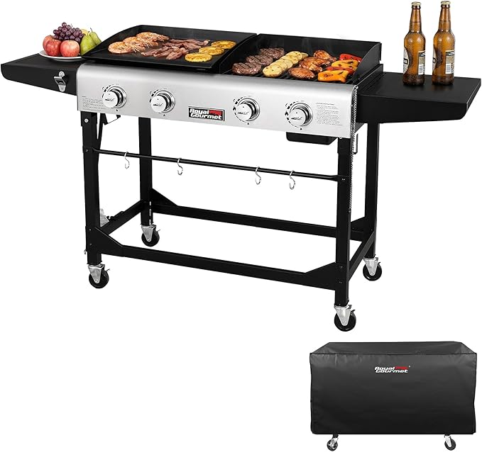 Royal Gourmet GD401C 4-Burner Propane Gas Grill and Griddle Combo with Cover Griddle Grill Combo with 48000 BTUs Output for Outdoor Cooking While Camping or Tailgating Black &amp Silver