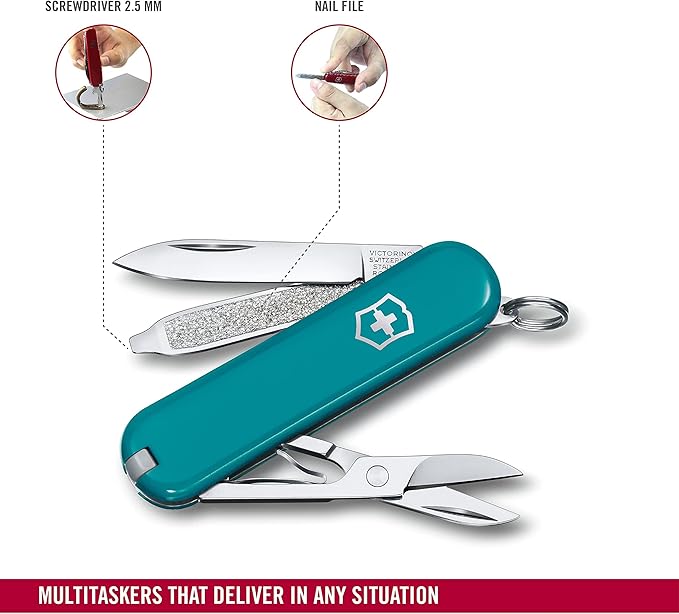 Victorinox Classic SD Swiss Army Knife Compact 7 Functions Swiss Made Pocket Knife with Small Blade Screwdriver and Key Ring - Mountain Lake (Torqouise)