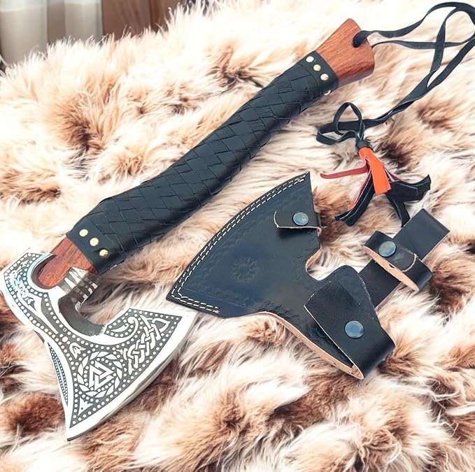 Poshland AX-7000 Custom Gift Forged Carbon Steel Viking Axe with Rose Wood Shaft Viking Bearded Camping Axe (AX-7000) (AX-7091)