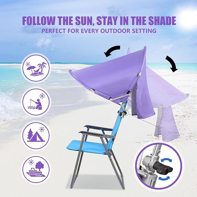 XL Universal Chair Canopy Umbrella UPF 50+ Foldable Sun Shade Attachment with Adjustable Clamp Fits Most Brands’ Beach Camping Lawn Tanning Zero Gravity Lounge &amp Fishing Chairs