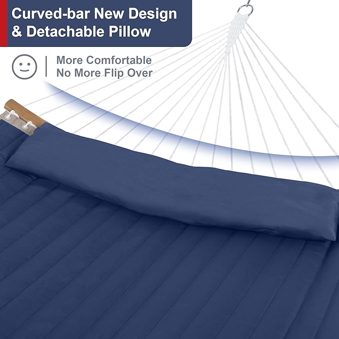 2 Person Hammock with Stand Included Outdoor Hammock with Curved Spreader Bar Pillow and Carrying Bag 450 Lbs Capacity Navy Blue