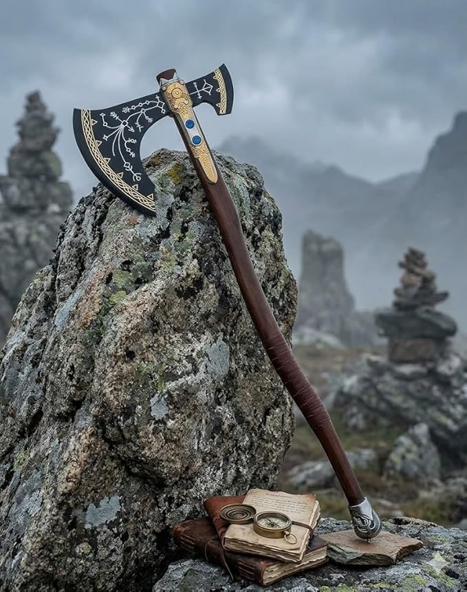 VK War Axe Viking Battle Axe Replica Ax - Handmade Forged Stainless Steel Axe Prop Tool with Viking Axe Hatchet Solid Wood Handle Skarde Seax Men's Gift