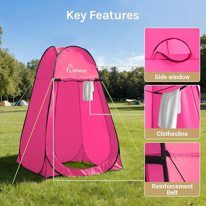 Wolfwise Pop Up Shower Tent for Camping Portable Instant Changing Tent with Ventilation Window &amp Carry Bag Privacy Bathroom Toilet for Beach &amp Outdoor Width 47  Height 75  Rose Red