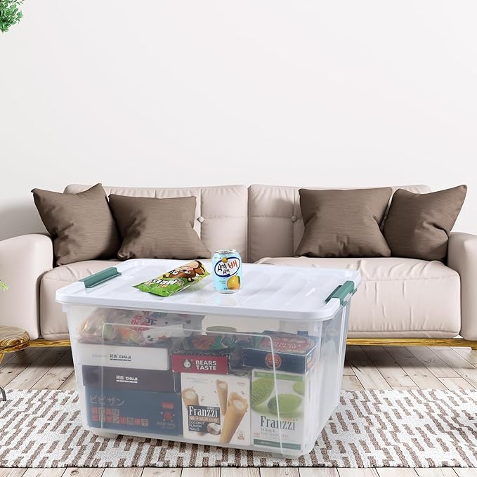 85 Quart Plastic Storage Bins with Wheels Large Clear Latching Storage Box 4 Pack