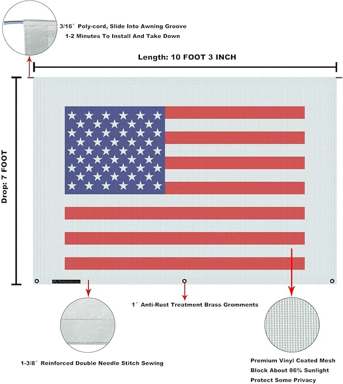 Tentproinc RV Awning Sun Shade Screen 7' X 10' 3'' (American Flag) Gray Mesh Sunshade Camper Trailer Awning Shade Screen UV Blocker Completed Kits