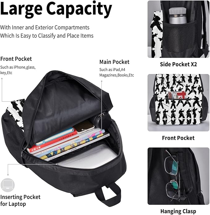 Silhouettes Of Martial Arts Backpack With Lunch Box 3 In 1 Set With Pencil Case Large Capacity Backpack With Chest Strap