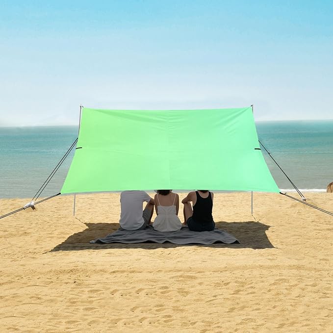 Green Gradient Color Stable Beach Tent UPF50+ Easy Setup Large Sun Shelter with Sand Shovel Sandbags for Family Trips Picnics &amp Camping
