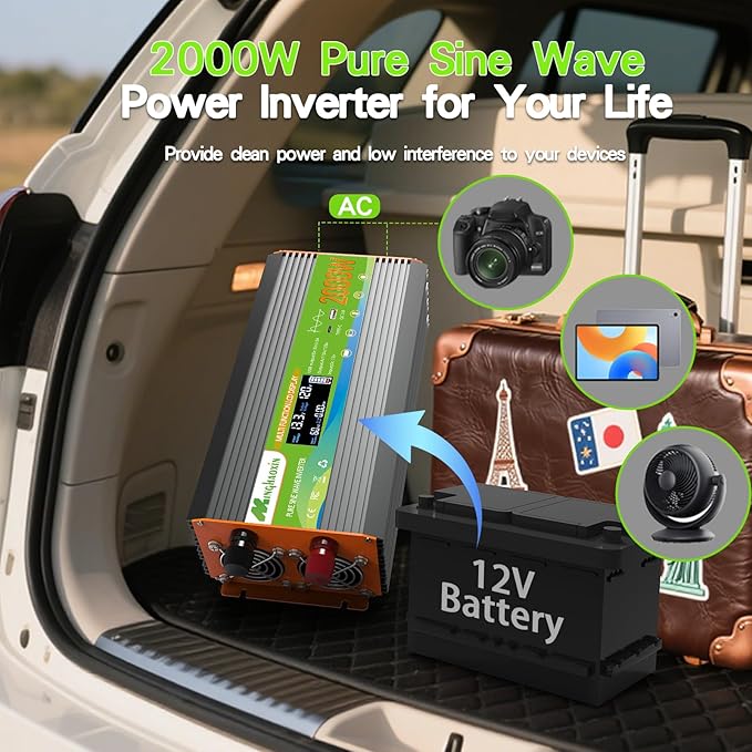 2000W Pure Sine Wave Inverter - Car Power Inverter 12V to 110VSurge 4000W Over 95% Efficiency 2 AC Outlets LCD Display 3.0 USB&ampType-C Ports Remote Control Converter for RV Home Solar Out