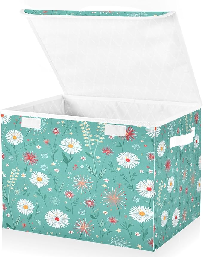 Storage Bins With Lid Stackable Fabric Closet Organizer Clothing Storage Large Boxes For Closet Shelves Bedroom Turquoise Daisy Flower Herb