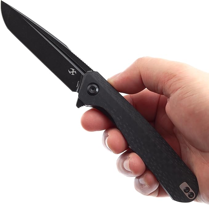 KANSEPT Qilin Pocket Knife3.24'' Blackwash 154CM Sharp Tanto Blade Black Carbon Fiber &amp G10 Handle for Edc Flipper and Liner Lock with Double-Sided Clip Men Camping Survival Folding Knives T10