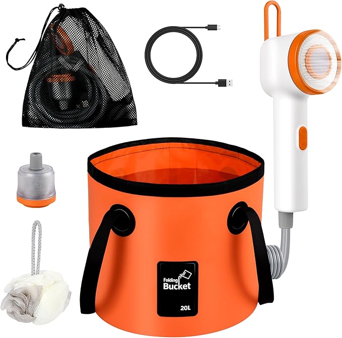 Portable Camping Shower Kit Rechargeable Pump with Carbon Water Purification Digital Display Soft LED Light Folding Bucket for Outdoor Camping Hiking Pet Bath Car Wash