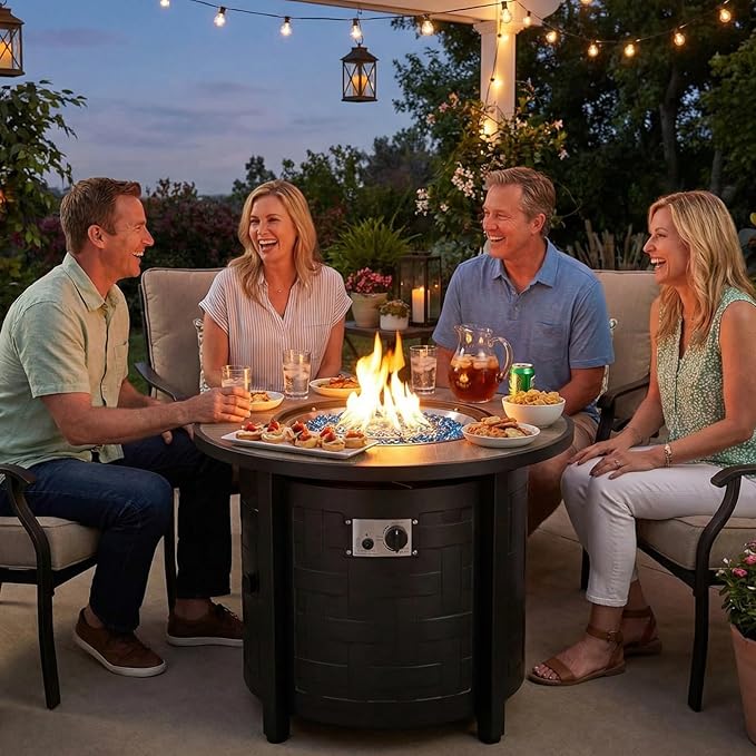 TLSUNNY 30in Propane Fire Pit Table 50000 BTU Auto-Ignition Outdoor Patio Fire Pit with Waterproof Cover Blue Fire Glass &amp Convertible Lid – CSA Certifiedfor Patio BalconyGarden Grey