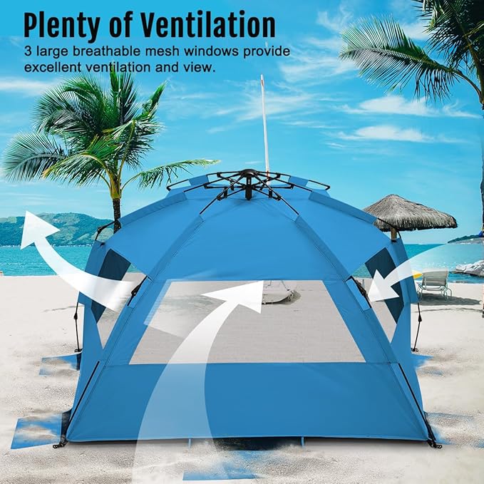 WhiteFang Deluxe Pop Up Beach Tent Sun Shade Shelter for 3-4/5-6 Person UV Protection Extendable Floor with 3 Ventilating Windows Plus Carrying Bag Stakes and Guy Lines