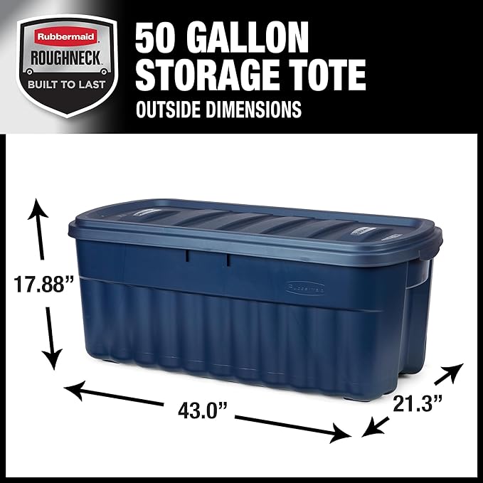 Rubbermaid Roughneck Tote 50 Gal 2 Pack Made in USA Dark Indigo Metallic Rugged Plastic Stackable Storage Bins with Lids and Handles